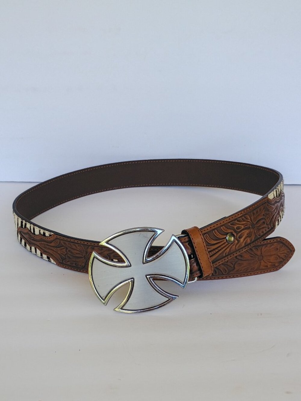 Ariat Tooled Brown Leather and Pony hair Women's Western Style Belt Sz 34
